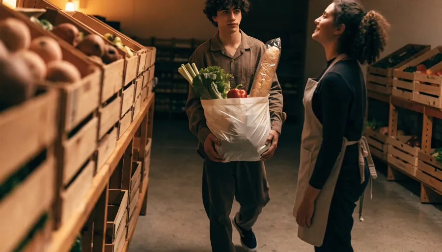 Jeune homme portant un sac de courses de légumes frais dans une épicerie solidaire, à côté d'une bénévole