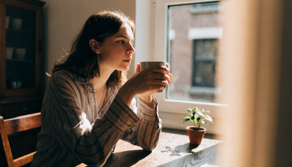 Jeune femme réfléchissant à ses démarches, une tasse à la main