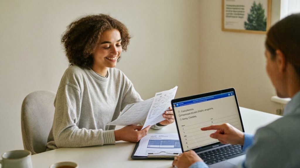 Jeune femme et conseillère Mission Locale examinant une demande d'allocation ponctuelle