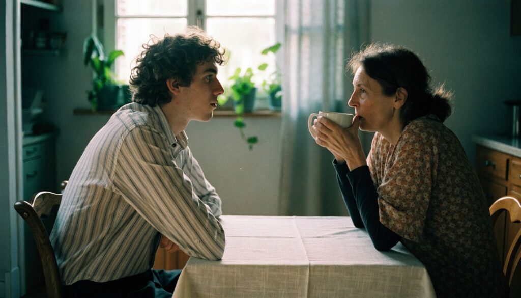 Peut-on toucher le CEJ en habitant chez ses parents ? Jeune homme discutant avec sa mère dans la cuisine familiale, allocation CEJ en vivant chez ses parents
