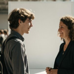 Jeune homme échangeant avec une recruteuse lors d'un forum emploi