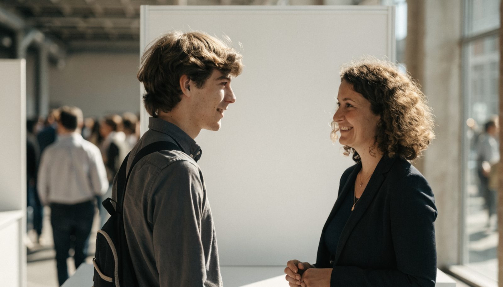 Jeune homme échangeant avec une recruteuse lors d'un forum emploi