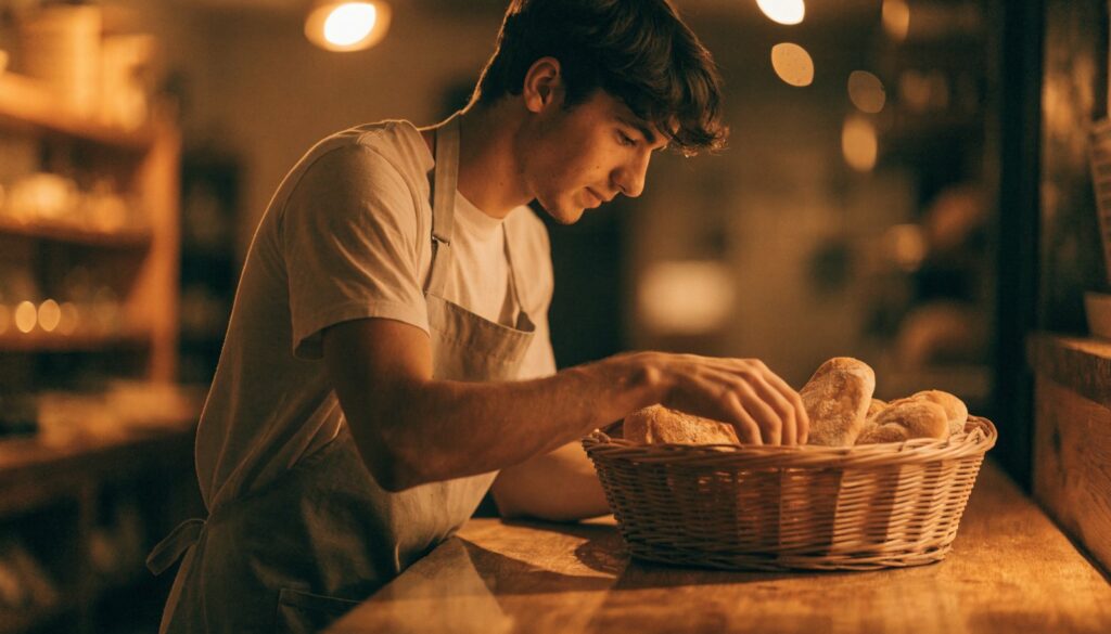 Jeune homme en tablier travaillant dans une boulangerie