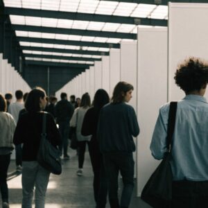 Jeunes visiteurs entre les stands d'un salon de l'emploi et de l'alternance