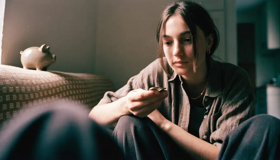 Jeune femme qui compte quelques pièces de monnaie chez elle en faisant le point sur son budget